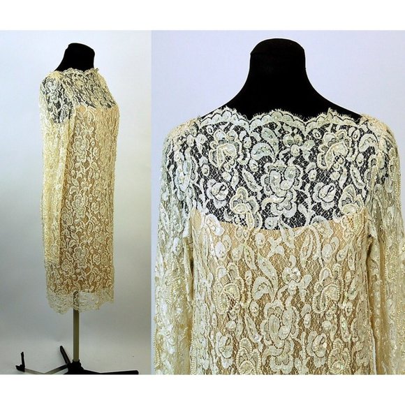 Lace dress with pearls and sequins ivory ecru lace short wedding dress - Picture 3 of 6